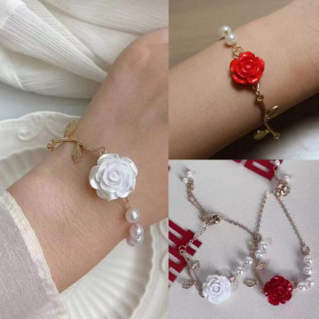 T58-復古立體玫瑰花珍珠甜美手鏈 $60